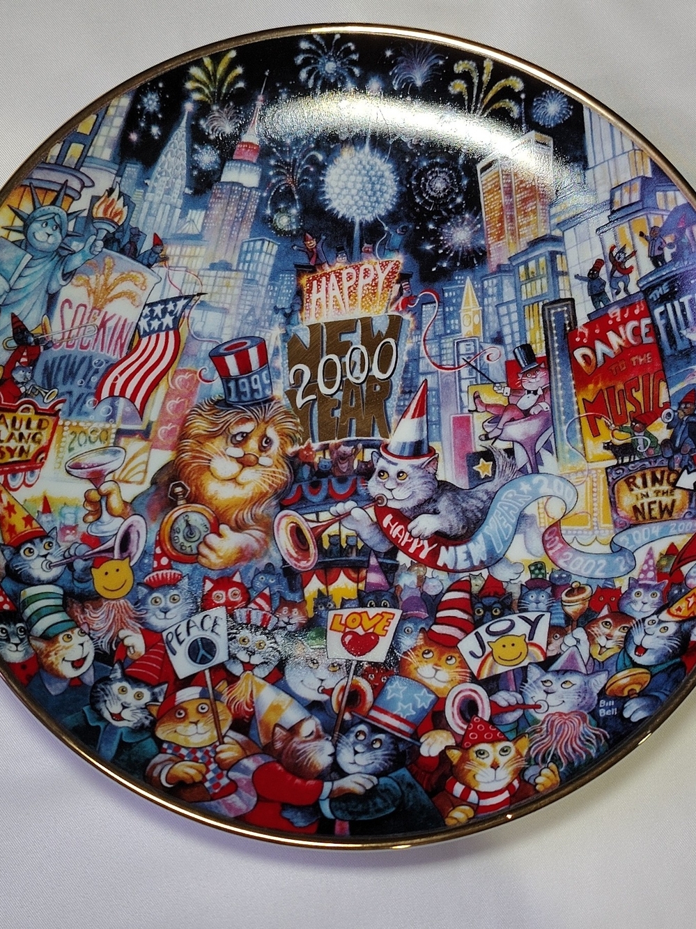 Franklin Mint Happy New Year 2000 Cat & City Celebration Plate - Blue, Red, Gold